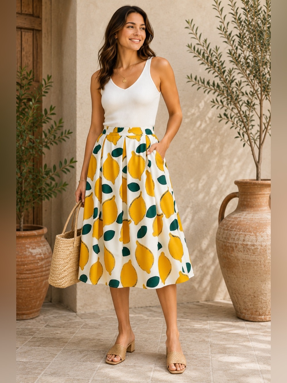 Chicwish Summer Cool White, Yellow & Green Lemon A-Line Midi Skirt Size XL